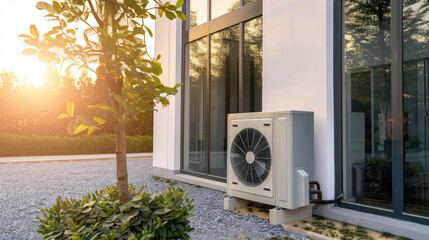 Residential Air Conditioning Unit Outside of a Modern Home - obrazy, fototapety, plakaty