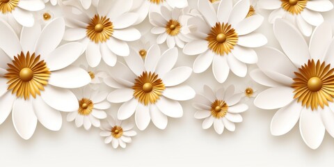 Gold and white daisy pattern, hand draw, simple line, flower floral spring summer background design with copy space for text or photo backdrop 