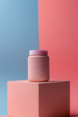 Pastel-Colored Skincare Jar on Dual-Tone Background