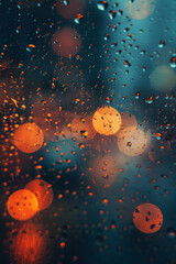 Rainy Evening Bokeh: Water Droplets on Window with Warm City Lights