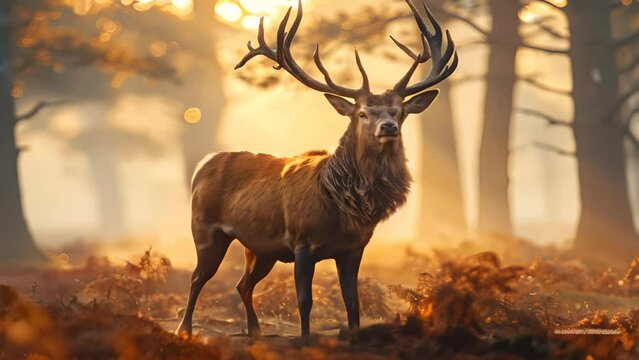 a full crown of antlers standing in a foggy forest clearing at sunrise, embodying the spirit of the wilderness