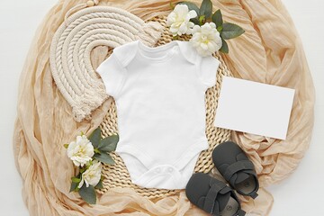 Pregnancy, baby waiting announcement template for social media, place for text, white baby bodysuit and card mockup for ultrasound photo, aesthetic flat lay.