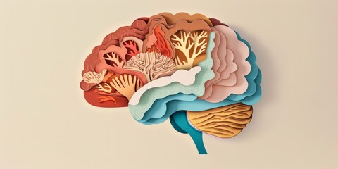 Vibrant paper art brain illustration, blending art and science for mental health concept.