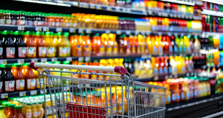 A shopping cart by a store shelf in a supermarket