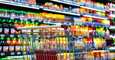 A shopping cart by a store shelf in a supermarket - 778914641