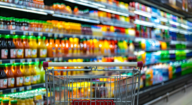 A shopping cart by a store shelf in a supermarket