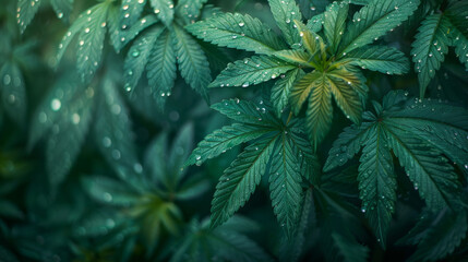 Cannabis Plant, Detail of dew-kissed marijuana foliage sparkling in light. - obrazy, fototapety, plakaty