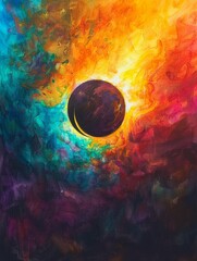 Watercolor painting of a solar eclipse, vibrant hues, closeup, with a luminous corona, on a bright, multicolored background
