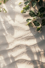 Tranquil Sandy Beach with Tropical Leaves Shadows and Sunlight