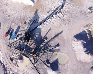 Gravel pit aerial perspective Panoramic landscape machines for excavation