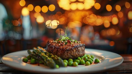 A beautifully plated steak with asparagus and peas, placed on an elegant plate in front of a dimly lit pub interior