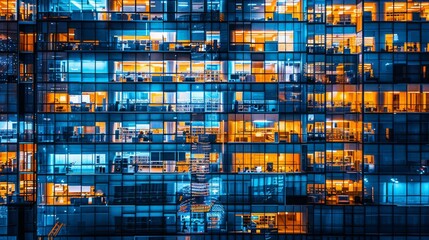 Fragment of the glass facade of a modern corporate building at night. Modern glass office  in city. Big glowing windows in modern office buildings at night, in rows of windows light shines. 
