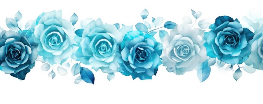 Cyan roses watercolor clipart on white background, defined edges floral flower pattern background with copy space for design text or photo backdrop minimalistic