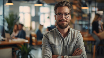 Fototapeta premium Startup Culture, Confident entrepreneur in vibrant startup workspace.