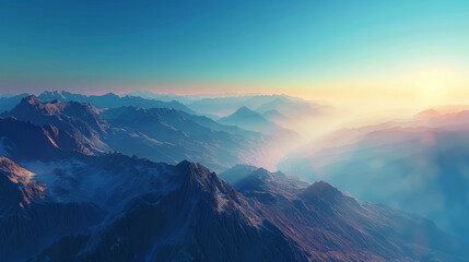 Mountain Landscape, Dawn breaks over an untouched mountain range under a clear sky. - obrazy, fototapety, plakaty