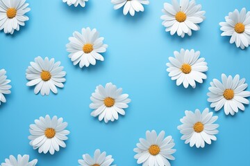 white daisies scattered throughout the blue background 