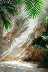 Tropical Palm Leaves Shadow on Textured Wall Background