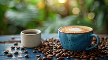 A blue cup of coffee with latte art in the center, surrounded by scattered brown beans on a wooden table and a blurred green nature background