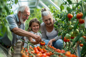 smiling grandpa, grandma and little girl picking tomatoes in greenhouse at home garden