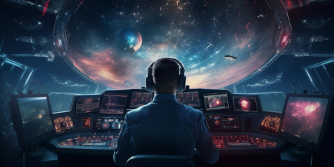 Pilot in spaceship control room - 778916035