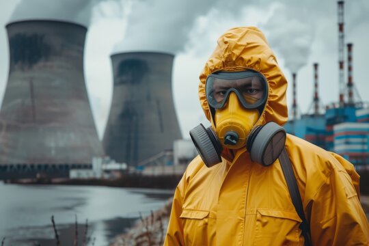a scientist in yellow hazmat suit at a nuclear power plant