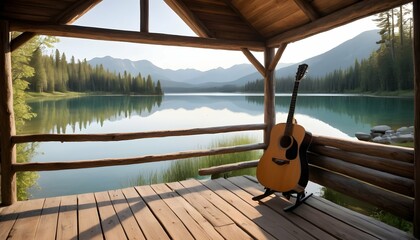 A Rustic Cabin Interior With An Acoustic Guitar Le2 - obrazy, fototapety, plakaty