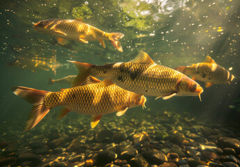 several carp swimming underwater in the river, their scales shimmering under sunlight.