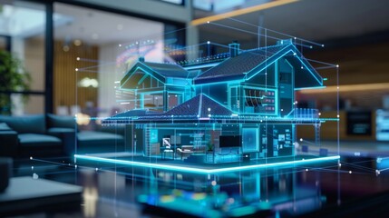 A smart AI house model is shown in a blue color scheme. The house is designed to be energy efficient and has a modern look. The model is displayed on a black surface, giving it a sleek. - obrazy, fototapety, plakaty
