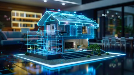 A smart AI house model is shown in a blue color scheme. The house is designed to be energy efficient and has a modern look. The model is displayed on a black surface, giving it a sleek. - obrazy, fototapety, plakaty