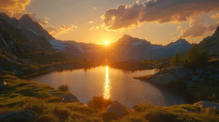 Landscape Photography, Remote mountain range aglow with sunset beside a serene lake. - obrazy, fototapety, plakaty