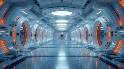 A futuristic space station with a long hallway and many windows