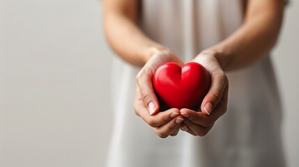 Obraz premium Banner with woman in a white dress holding a heart on a white background.