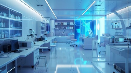 Fototapeta na wymiar A futuristic lab with a blue ceiling and white walls. The lab is filled with various scientific equipment and tools, including a computer, a microscope, and a large number of bottles