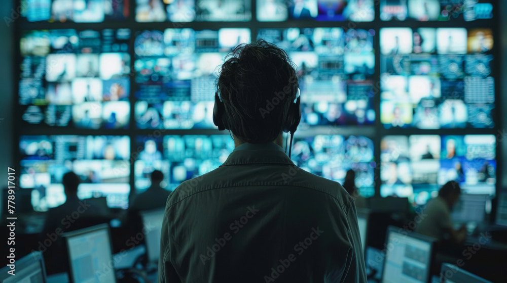 Poster control room operations, individual managing complex systems in a high-tech monitoring environment.