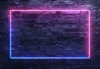 A neon frame glowing with purple pink light on dark brick wall background, creating an empty space...