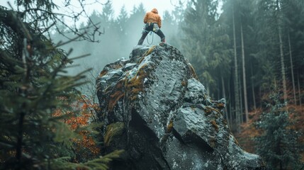Obraz premium Adventurous Man with Backpack Standing on Rocky Mountain Summit Surrounded by Misty Forest