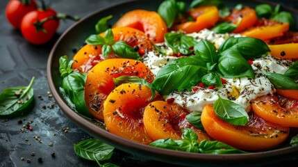   Close-up of a platter with tomatoes, spinach, basil, and additional vegetables on a table