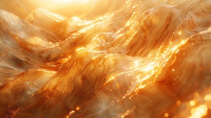 The image is a close up of a gold and white ocean with a lot of fire and light. Scene is intense and dramatic, with the bright colors and the fire creating a sense of danger and excitement