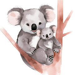 AI-generated watercolor cute mother Koala and baby Koala sitting on a branch clip art illustration. Isolated elements on a white background.