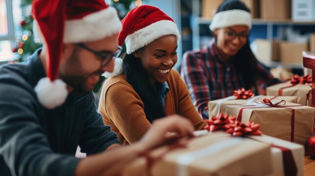 New Year's and Christmas mood. Group of business people in Santa hats, colleagues unpacking gifts at work in the office.