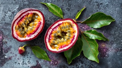 A closeup shot of passion fruit, cut in half and placed on the table, with two leaves next to it. The yellow center is visible inside each cross section, with purple edges around them