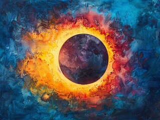 Solar eclipse depicted in bright watercolors, medium shot, with radiant light effects, on a vivid skyblue canvas