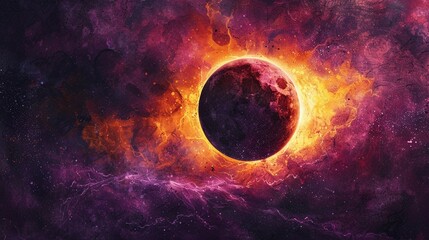 Watercolor illustration of an eclipse, with intense color saturation, wide lens, showing dazzling light flares, on a rich purple backdrop