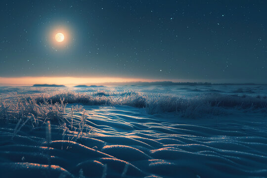 Snow-covered fields bask in the dim light of the moon, a peaceful night scene unfolding quietly