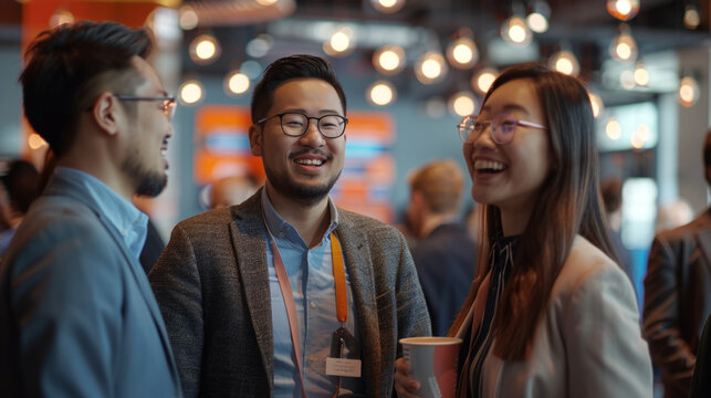 Tech Networking Event, Entrepreneurs engage at a tech event, showcasing virtual name tags.