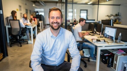 Portrait of a business man sitting in an office with his colleagues in the background. Happy business man working in a co-working office.