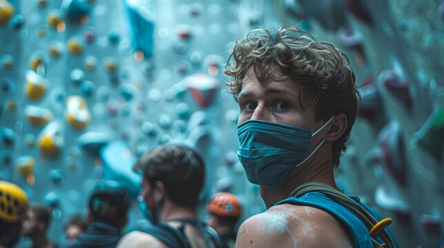 Young Man with Face Mask in Indoor Climbing Gym Surrounded by Climbing Holds and Fellow Climbers - Powered by Adobe