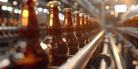 conveyor belt with beer bottles at the factory Generative AI - obrazy, fototapety, plakaty