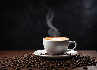 a cup of coffee stands on a pile of coffee beans, a light, small steam emanates from the mug, a dark mysterious background