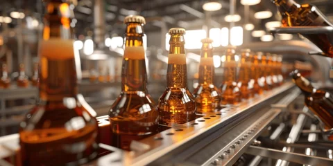 Fotobehang conveyor belt with beer bottles at the factory Generative AI © Valentine